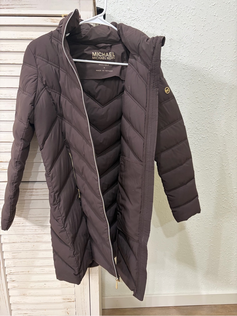 Michael Kors Dark Brown Quilted Long Puffer Coat